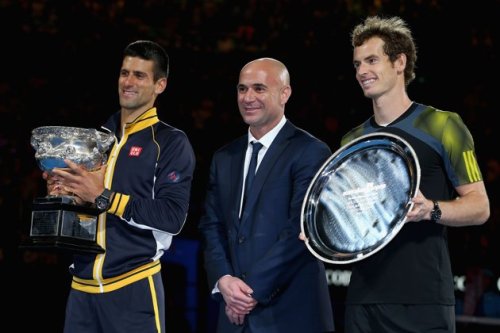 e trophy presentation4 time champion Andre Agassi with "Nole" and Andy Murray at th