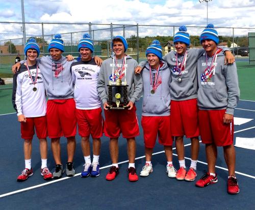 The Dragon Varsity team with the Hancock County Championship trophy at Mt Vernon, Fortville.