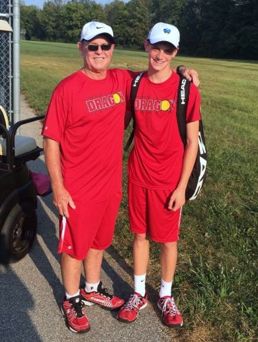 Coach Des with No 2 singles Matthew True after he extended his record to to 7 and 1 against Shelbyville 